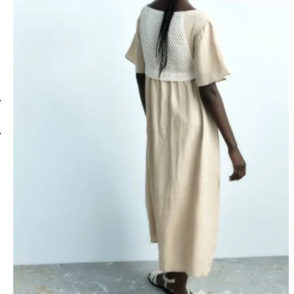 Zara Linen Crochet Beige Midi Dress - Picture 3 of 7